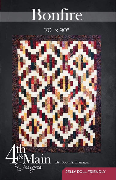 Image of the Bonfire quilt pattern by 4th and Main Designs by Riley Blake Designs. Features a square patterned quilt. 
Cute Little Fabric Shop