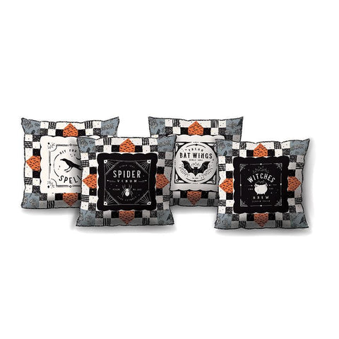 Image of the Sophisticated Halloween Pillows from the pillow kit. Features 4 pillows. 
Cute Little Fabric Shop