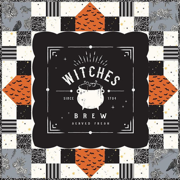 Image of the pillow kit from the Sophisticated Halloween pillow kit from Riley Blake Designs. Features a cauldron with halloween fabric around it. 
Cute Little Fabric Shop