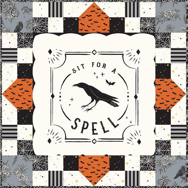 Image of the pillow kit from the Sophisticated Halloween pillow kit from Riley Blake Designs. Features a crow with halloween fabric around it. 
Cute Little Fabric Shop