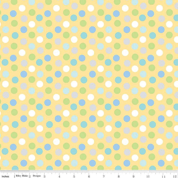 Image of the Special Delivery quilting cotton fabric by Doodlebug Design Inc for Riley Blake Designs. Features multicolored green, blue, and gray dots on a yellow background. 
Cute Little Fabric Shop