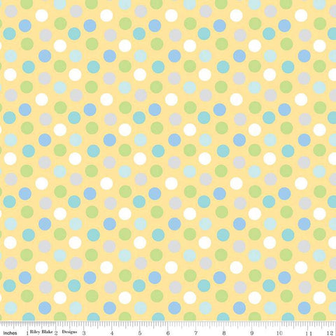 Image of the Special Delivery quilting cotton fabric by Doodlebug Design Inc for Riley Blake Designs. Features multicolored green, blue, and gray dots on a yellow background. 
Cute Little Fabric Shop