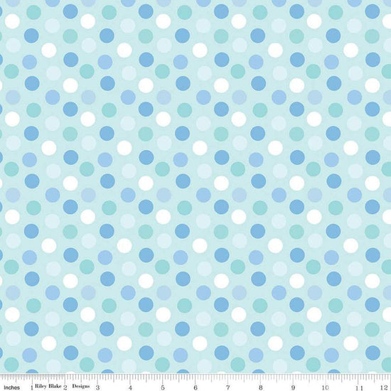 Image of the Special Delivery Dots Blue quilting cotton fabric by Doodlebug Design Inc for Riley Blake Designs. Features multicolored white, teal, and blue dots on an aqua background. 
Cute Little Fabric Shop