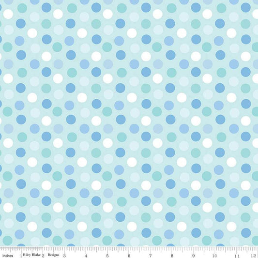 Image of the Special Delivery Dots Blue quilting cotton fabric by Doodlebug Design Inc for Riley Blake Designs. Features multicolored white, teal, and blue dots on an aqua background. 
Cute Little Fabric Shop