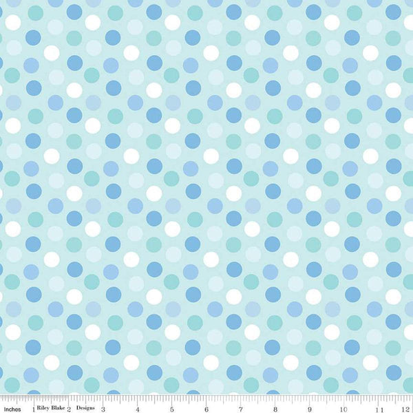 Image of the Special Delivery Dots Blue quilting cotton fabric by Doodlebug Design Inc for Riley Blake Designs. Features multicolored white, teal, and blue dots on an aqua background. 
Cute Little Fabric Shop