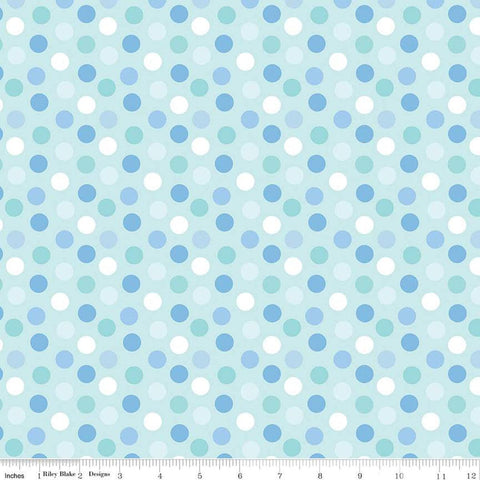 Image of the Special Delivery Dots Blue quilting cotton fabric by Doodlebug Design Inc for Riley Blake Designs. Features multicolored white, teal, and blue dots on an aqua background. 
Cute Little Fabric Shop