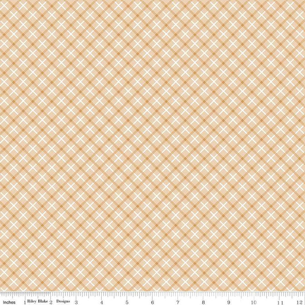 Image of the Special Delivery Plaid Brown quilting cotton fabric by Doodlebug Design Inc for Riley Blake Designs. Features a multicolored plaid pattern on a light brown background. 
Cute Little Fabric Shop