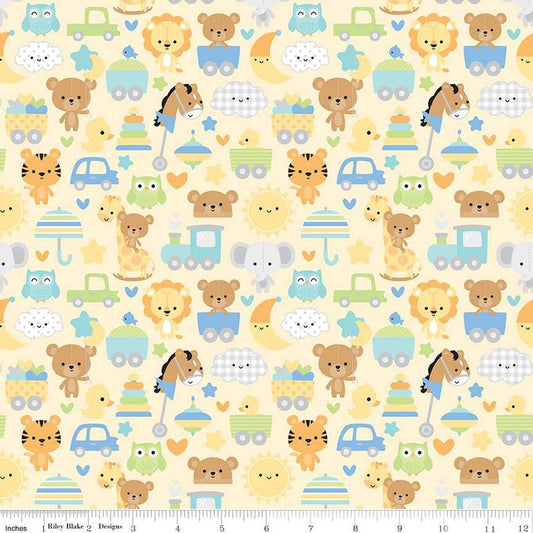 Image of the Special Delivery Main Yellow quilting cotton fabric by Doodlebug Design Inc for Riley Blake Designs. Features baby-themed icons such as bunnies, clouds, toys, bears, moon, and elephants on a yellow background. 
Cute Little Fabric Shop