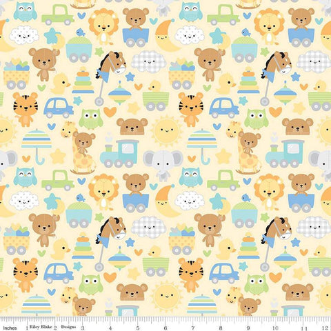 Image of the Special Delivery Main Yellow quilting cotton fabric by Doodlebug Design Inc for Riley Blake Designs. Features baby-themed icons such as bunnies, clouds, toys, bears, moon, and elephants on a yellow background. 
Cute Little Fabric Shop