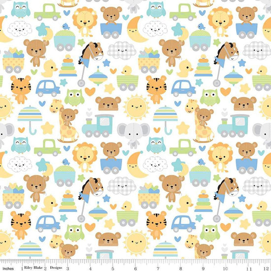 Image of the Special Delivery Main White quilting cotton fabric by Doodlebug Design Inc for Riley Blake Designs. Features baby-themed icons such as bunnies, clouds, toys, bears, moon, and elephants on a white background. 
Cute Little Fabric Shop