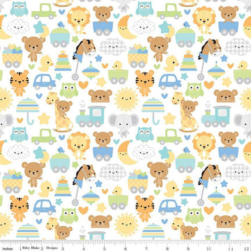 Image of the Special Delivery Main White quilting cotton fabric by Doodlebug Design Inc for Riley Blake Designs. Features baby-themed icons such as bunnies, clouds, toys, bears, moon, and elephants on a white background. 
Cute Little Fabric Shop