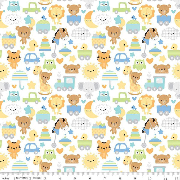 Image of the Special Delivery Main White quilting cotton fabric by Doodlebug Design Inc for Riley Blake Designs. Features baby-themed icons such as bunnies, clouds, toys, bears, moon, and elephants on a white background. 
Cute Little Fabric Shop