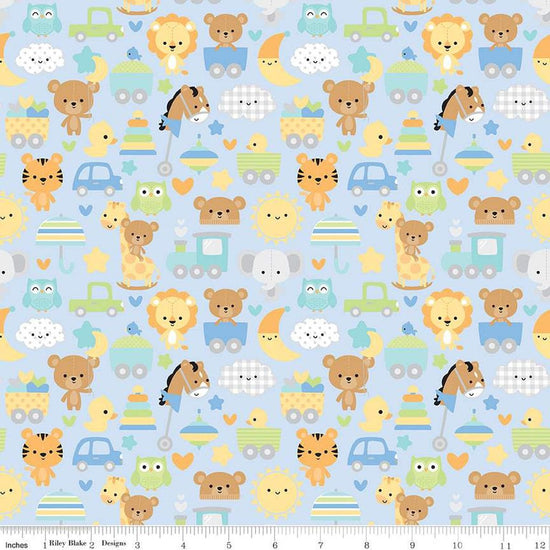 Image of the Special Delivery Main Blue quilting cotton fabric by Doodlebug Design Inc for Riley Blake Designs. Features baby-themed icons such as bunnies, clouds, toys, bears, moon, and elephants on a blue background. 
Cute Little Fabric Shop