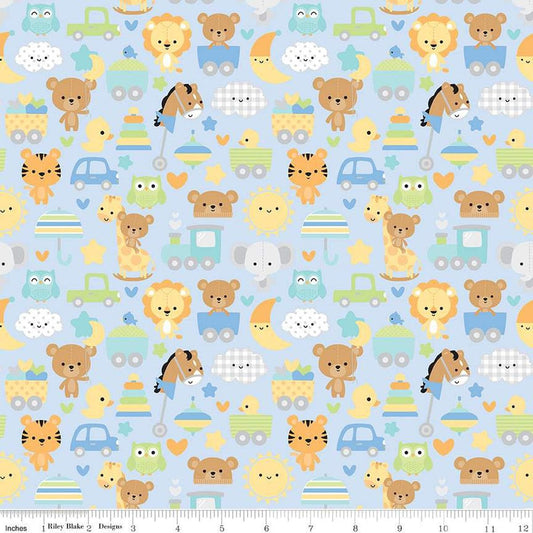 Image of the Special Delivery Main Blue quilting cotton fabric by Doodlebug Design Inc for Riley Blake Designs. Features baby-themed icons such as bunnies, clouds, toys, bears, moon, and elephants on a blue background. 
Cute Little Fabric Shop