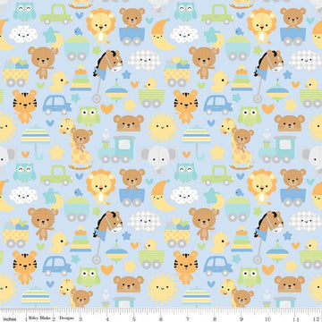 Image of the Special Delivery Main Blue quilting cotton fabric by Doodlebug Design Inc for Riley Blake Designs. Features baby-themed icons such as bunnies, clouds, toys, bears, moon, and elephants on a blue background. 
Cute Little Fabric Shop