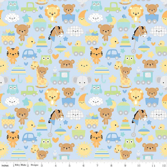 Image of the Special Delivery Main Blue quilting cotton fabric by Doodlebug Design Inc for Riley Blake Designs. Features baby-themed icons such as bunnies, clouds, toys, bears, moon, and elephants on a blue background. 
Cute Little Fabric Shop