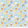 Image of the Special Delivery Main Blue quilting cotton fabric by Doodlebug Design Inc for Riley Blake Designs. Features baby-themed icons such as bunnies, clouds, toys, bears, moon, and elephants on a blue background. 
Cute Little Fabric Shop