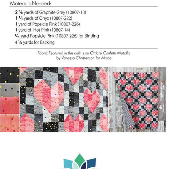 Image of the Heart Strings quilt pattern by Moda Fabrics. Features 4 different styles of a quilt pattern with hearts and the fabric requirements. 
Cute Little Fabric Shop
