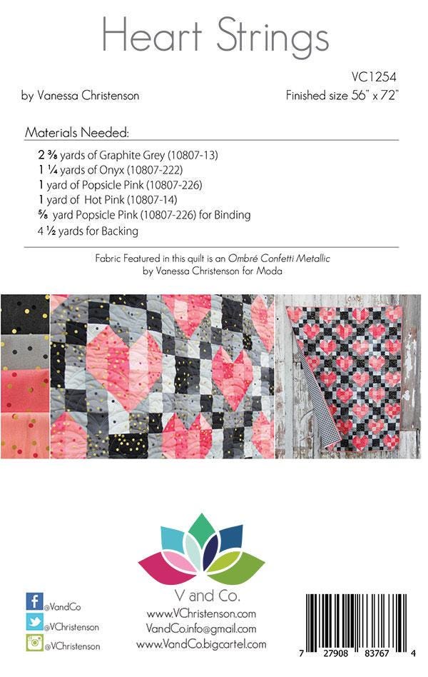 Image of the Heart Strings quilt pattern by Moda Fabrics. Features 4 different styles of a quilt pattern with hearts and the fabric requirements. 
Cute Little Fabric Shop