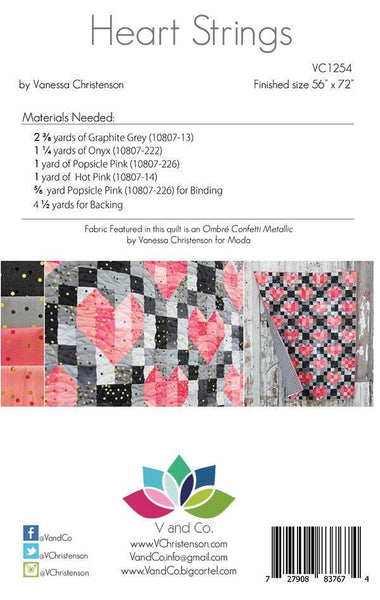 Image of the Heart Strings quilt pattern by Moda Fabrics. Features 4 different styles of a quilt pattern with hearts and the fabric requirements. 
Cute Little Fabric Shop