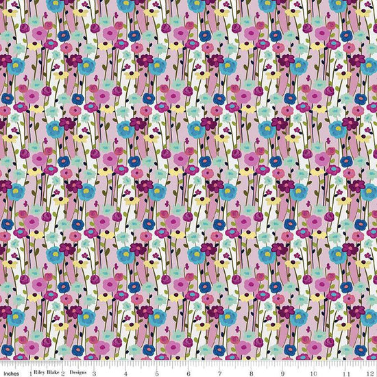 Image of the Fragrant Fields Flowers Lilac quilting cotton fabric by Lila Tueller for Riley Blake Designs. Features flowers on a light purple background. 
Cute Little Fabric Shop
