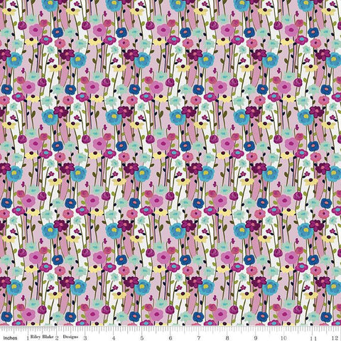 Image of the Fragrant Fields Flowers Lilac quilting cotton fabric by Lila Tueller for Riley Blake Designs. Features flowers on a light purple background. 
Cute Little Fabric Shop