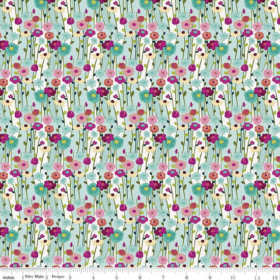 Image of the Fragrant Fields Flowers Aqua quilting cotton fabric by Lila Tueller for Riley Blake Designs. Features flowers on a light blue green background. 
Cute Little Fabric Shop