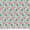 Image of the Fragrant Fields Flowers Aqua quilting cotton fabric by Lila Tueller for Riley Blake Designs. Features flowers on a light blue green background. 
Cute Little Fabric Shop