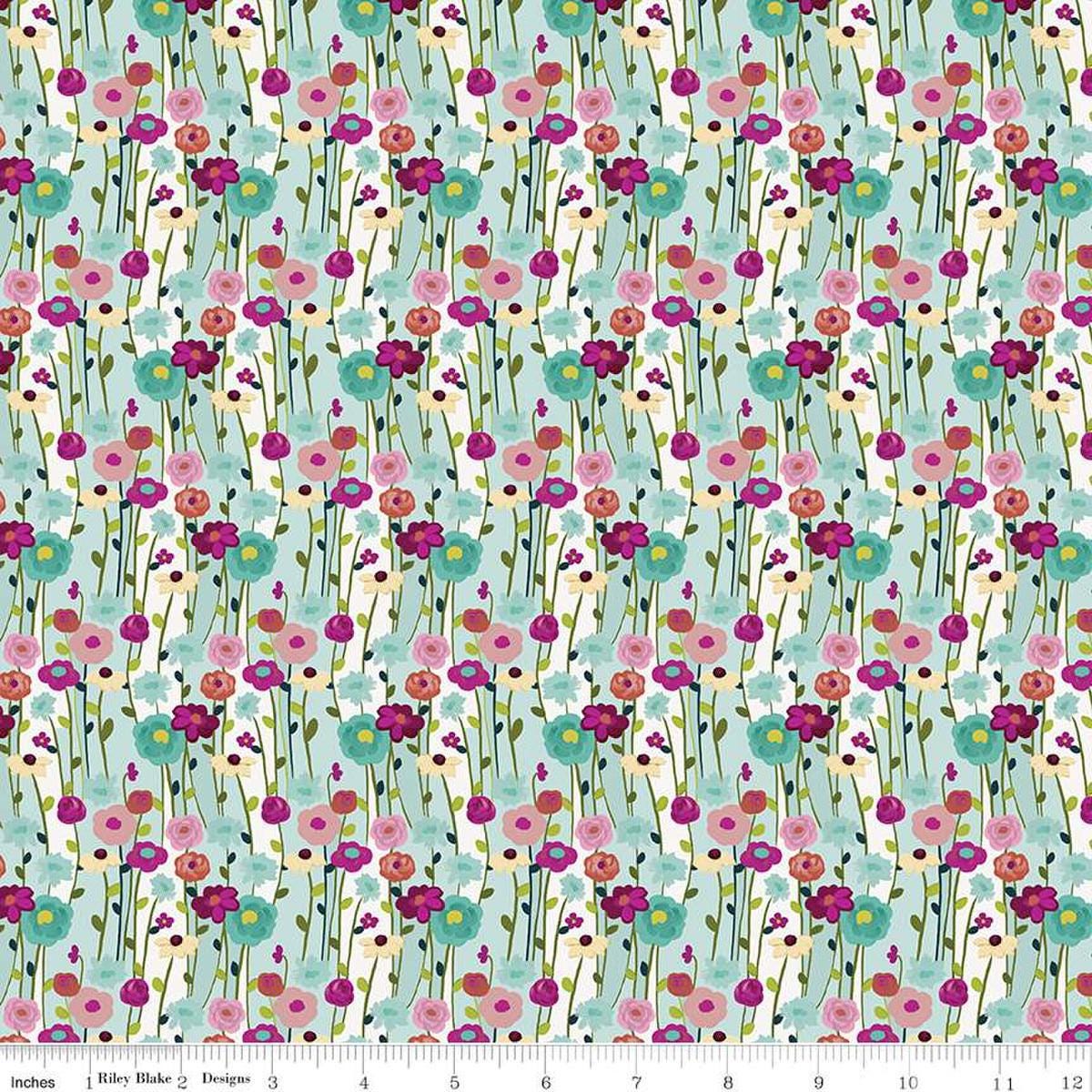 Image of the Fragrant Fields Flowers Aqua quilting cotton fabric by Lila Tueller for Riley Blake Designs. Features flowers on a light blue green background. 
Cute Little Fabric Shop
