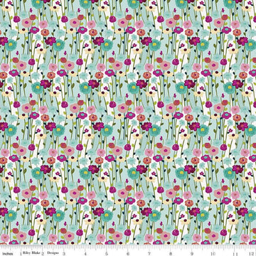 Image of the Fragrant Fields Flowers Aqua quilting cotton fabric by Lila Tueller for Riley Blake Designs. Features flowers on a light blue green background. 
Cute Little Fabric Shop