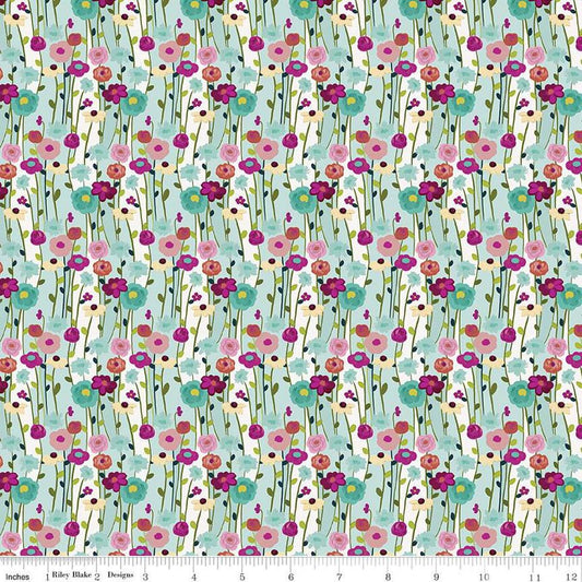Image of the Fragrant Fields Flowers Aqua quilting cotton fabric by Lila Tueller for Riley Blake Designs. Features flowers on a light blue green background. 
Cute Little Fabric Shop
