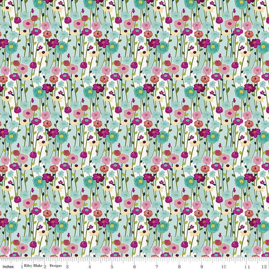 Image of the Fragrant Fields Flowers Aqua quilting cotton fabric by Lila Tueller for Riley Blake Designs. Features flowers on a light blue green background. 
Cute Little Fabric Shop