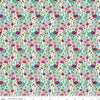 Image of the Fragrant Fields Flowers Aqua quilting cotton fabric by Lila Tueller for Riley Blake Designs. Features flowers on a light blue green background. 
Cute Little Fabric Shop