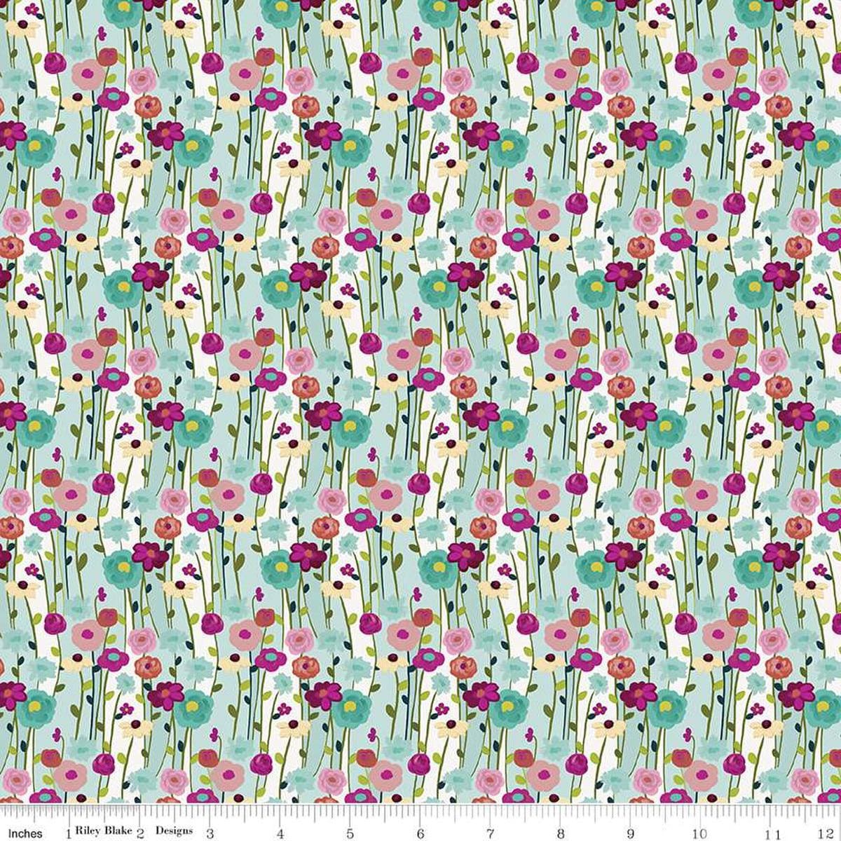 Image of the Fragrant Fields Flowers Aqua quilting cotton fabric by Lila Tueller for Riley Blake Designs. Features flowers on a light blue green background. 
Cute Little Fabric Shop