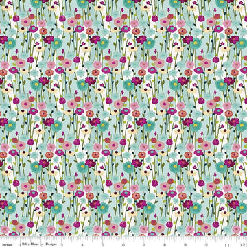 Image of the Fragrant Fields Flowers Aqua quilting cotton fabric by Lila Tueller for Riley Blake Designs. Features flowers on a light blue green background. 
Cute Little Fabric Shop