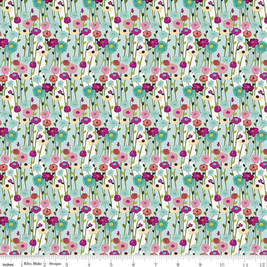 Image of the Fragrant Fields Flowers Aqua quilting cotton fabric by Lila Tueller for Riley Blake Designs. Features flowers on a light blue green background. 
Cute Little Fabric Shop