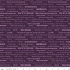 Image of the Fragrant Fields Script Eggplant quilting cotton fabric by Lila Tueller for Riley Blake Designs. Features positive phrases on a dark purple background. 
Cute Little Fabric Shop