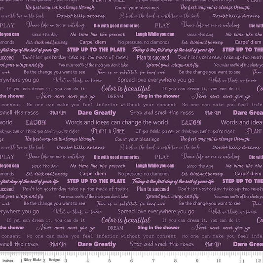 Image of the Fragrant Fields Script Eggplant quilting cotton fabric by Lila Tueller for Riley Blake Designs. Features positive phrases on a dark purple background. 
Cute Little Fabric Shop