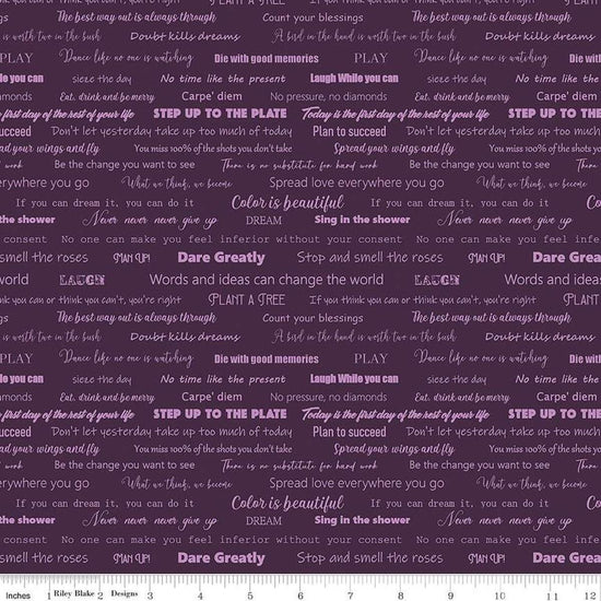 Image of the Fragrant Fields Script Eggplant quilting cotton fabric by Lila Tueller for Riley Blake Designs. Features positive phrases on a dark purple background. 
Cute Little Fabric Shop