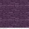 Image of the Fragrant Fields Script Eggplant quilting cotton fabric by Lila Tueller for Riley Blake Designs. Features positive phrases on a dark purple background. 
Cute Little Fabric Shop