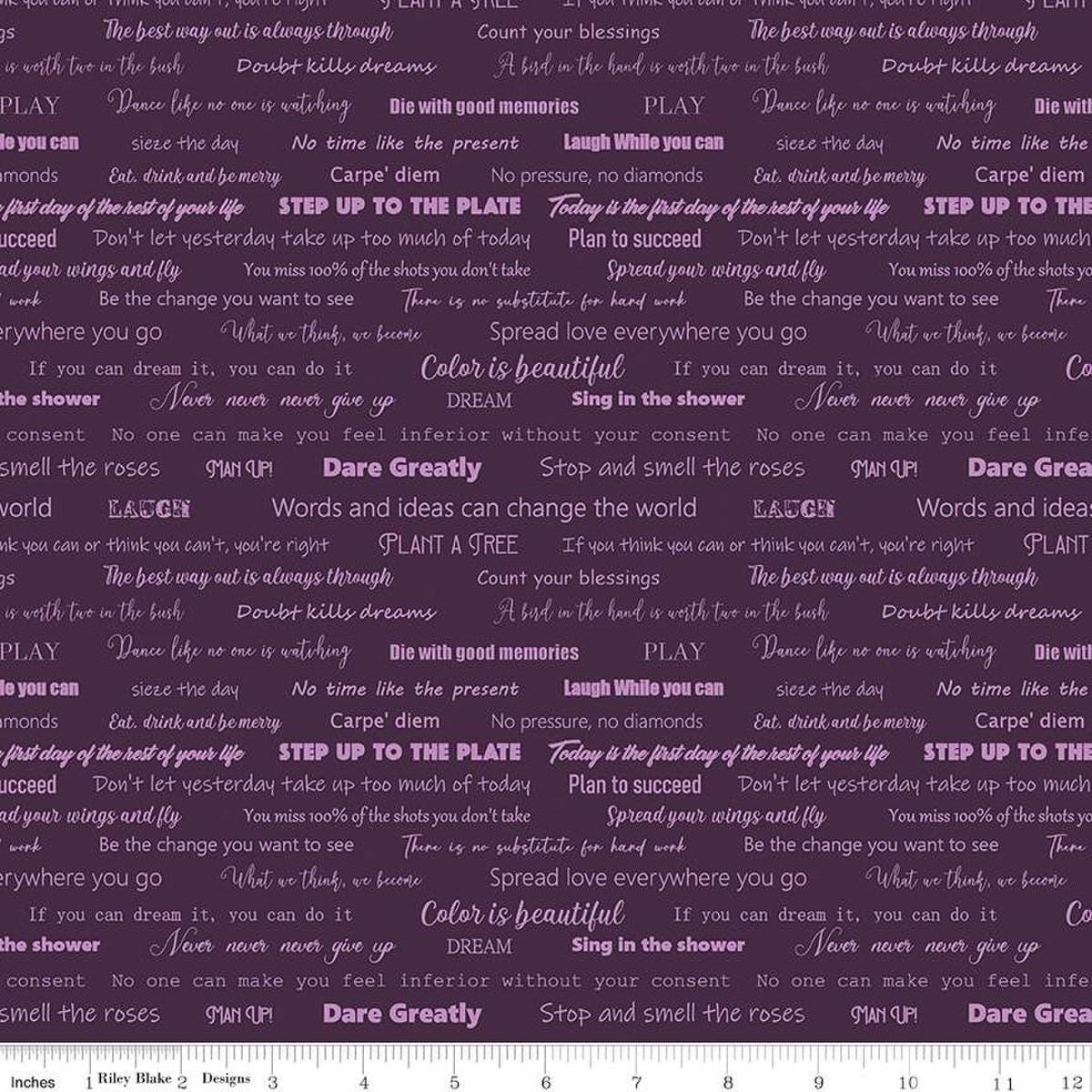 Image of the Fragrant Fields Script Eggplant quilting cotton fabric by Lila Tueller for Riley Blake Designs. Features positive phrases on a dark purple background. 
Cute Little Fabric Shop