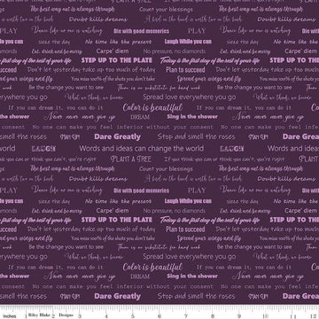 Image of the Fragrant Fields Script Eggplant quilting cotton fabric by Lila Tueller for Riley Blake Designs. Features positive phrases on a dark purple background. 
Cute Little Fabric Shop