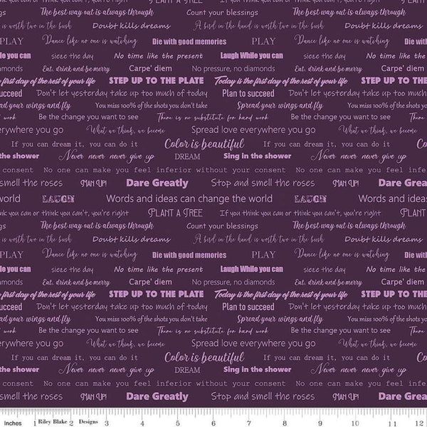 Image of the Fragrant Fields Script Eggplant quilting cotton fabric by Lila Tueller for Riley Blake Designs. Features positive phrases on a dark purple background. 
Cute Little Fabric Shop