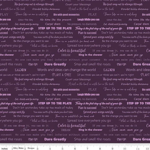 Image of the Fragrant Fields Script Eggplant quilting cotton fabric by Lila Tueller for Riley Blake Designs. Features positive phrases on a dark purple background. 
Cute Little Fabric Shop
