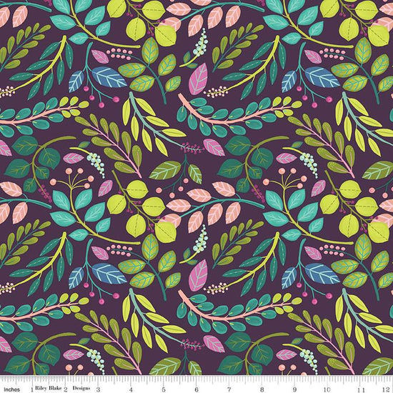 Image of the Fragrant Fields Sprigs Eggplant quilting cotton fabric by Lila Tueller for Riley Blake Designs. Features leaves and stems on a dark purple background. 
Cute Little Fabric Shop