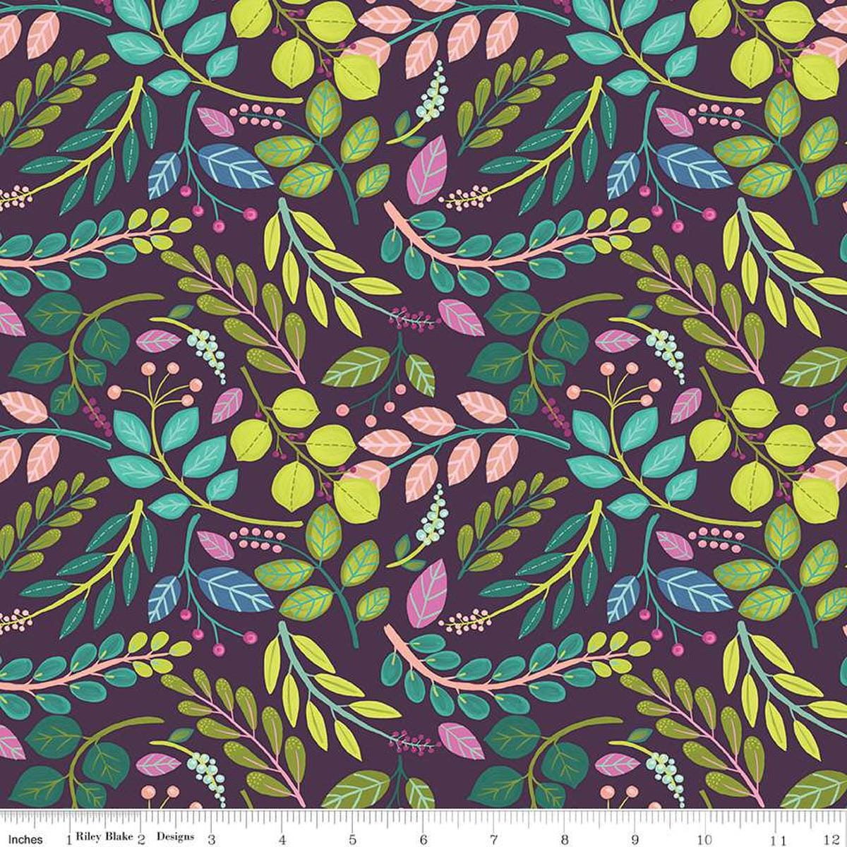 Image of the Fragrant Fields Sprigs Eggplant quilting cotton fabric by Lila Tueller for Riley Blake Designs. Features leaves and stems on a dark purple background. 
Cute Little Fabric Shop