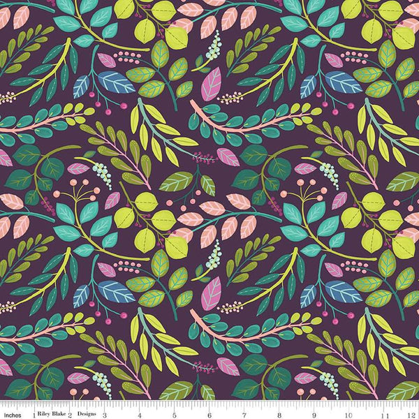 Image of the Fragrant Fields Sprigs Eggplant quilting cotton fabric by Lila Tueller for Riley Blake Designs. Features leaves and stems on a dark purple background. 
Cute Little Fabric Shop