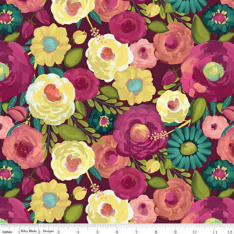 Image of the Fragrant Fields Main Maroon quilting cotton fabric by Lila Tueller for Riley Blake Designs. Features large blossoms on a dark pink purple background. 
Cute Little Fabric Shop