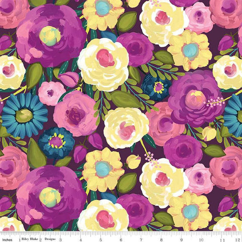 Image of the Fragrant Fields Main Eggplant quilting cotton fabric by Lila Tueller for Riley Blake Designs. Features large blossoms on a dark purple background. 
Cute Little Fabric Shop
