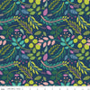 Image of the Fragrant Fields Sprigs Dark Forest quilting cotton fabric by Lila Tueller for Riley Blake Designs. Features leaves and stems on a dark blue background. 
Cute Little Fabric Shop